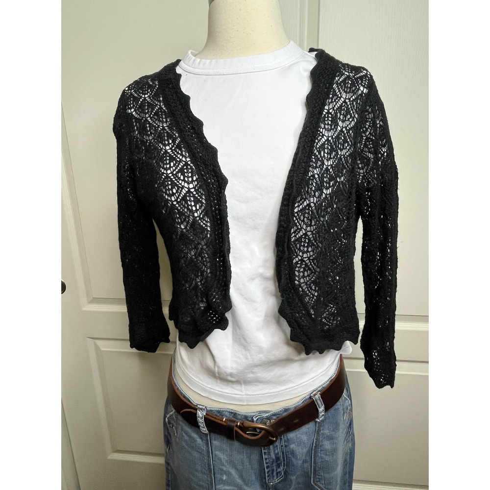 Black Open Knit Crochet Cardigan Womens Small Scalloped Trim 3/4 Sleeves